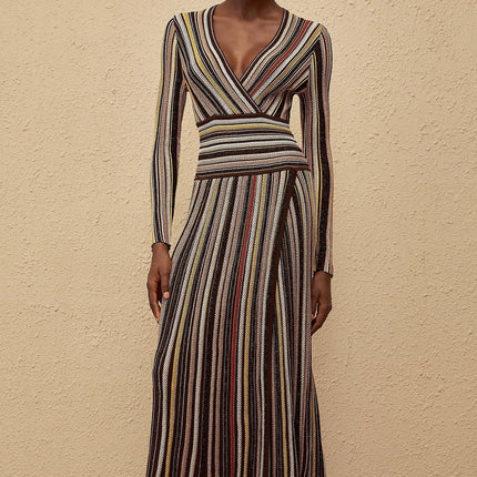 Selena Brown Metallic Stripe Midi Dress