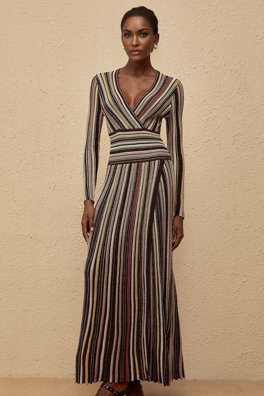 Selena Brown Metallic Stripe Midi Dress