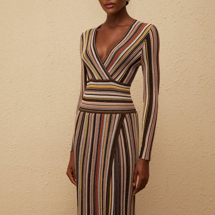 Selena Brown Metallic Stripe Midi Dress
