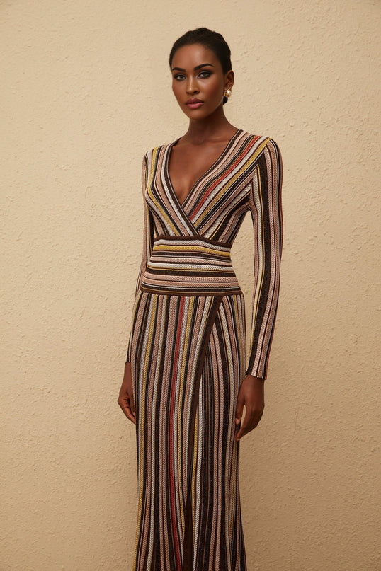 Selena Brown Metallic Stripe Midi Dress