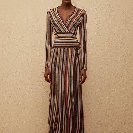 Selena Brown Metallic Striped Midi Dress V-Neck Long Sleeve Pleated Skirt