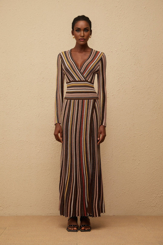 Selena Brown Metallic Striped Midi Dress V-Neck Long Sleeve Pleated Skirt