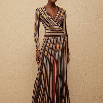 Selena Brown Metallic Striped Midi Dress V-neck Long Sleeve Ankle-length