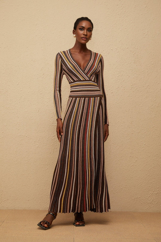 Selena Brown Metallic Striped Midi Dress V-neck Long Sleeve Ankle-length