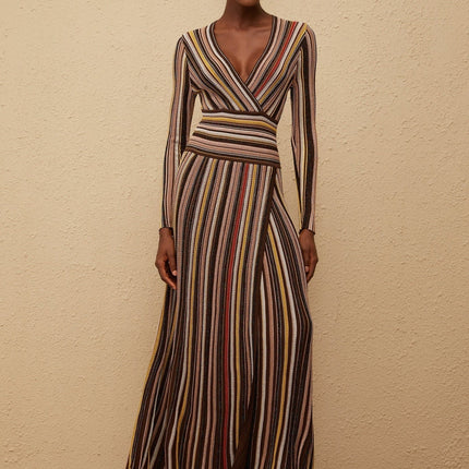 Selena Brown Metallic Striped Midi Dress V-neck Long Sleeve Pleated Skirt