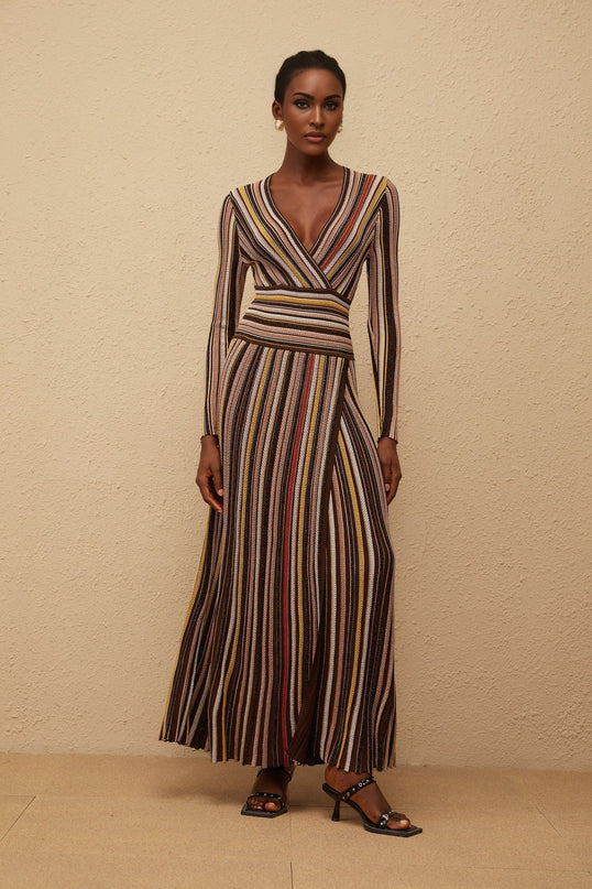 Selena Brown Metallic Striped Midi Dress V-neck Long Sleeve Pleated Skirt