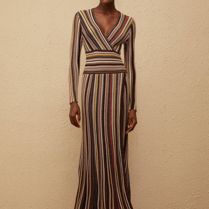 Selena Brown Multicolor Metallic Striped Knit Midi Dress with V-Neck and Front Slit