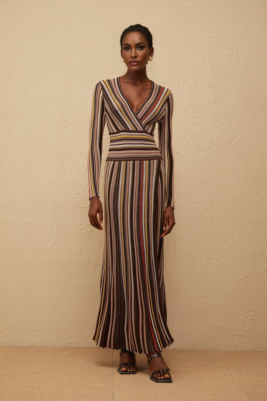 Selena Brown Multicolor Metallic Striped Knit Midi Dress with V-Neck and Front Slit