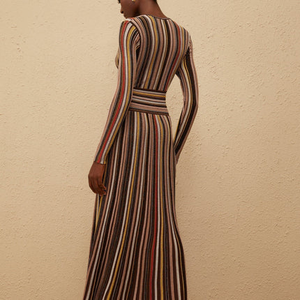 Selena Brown Multicolor Metallic Striped Midi Dress V-Neck Long Sleeve Pleated Skirt
