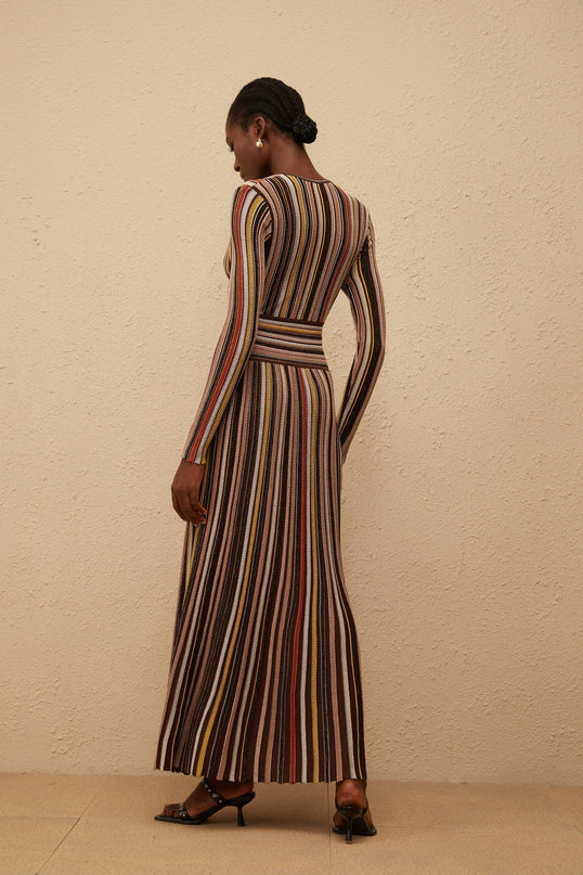 Selena Brown Multicolor Metallic Striped Midi Dress V-Neck Long Sleeve Pleated Skirt