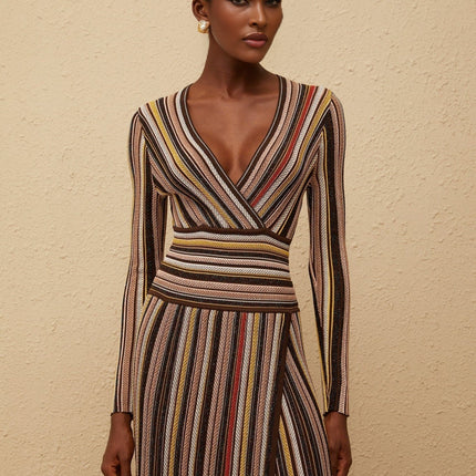 Selena Brown Multicolor Metallic Striped Midi Dress