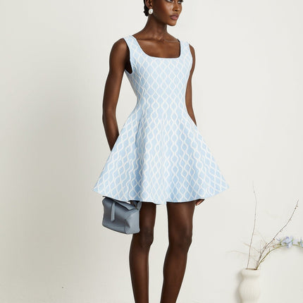 Selena Mini Dress Blue White Jacquard Sleeveless Scoop Neck Wide Shoulder Straps Fitted Waistline Flared Hem Polyester Polyamide Elastane