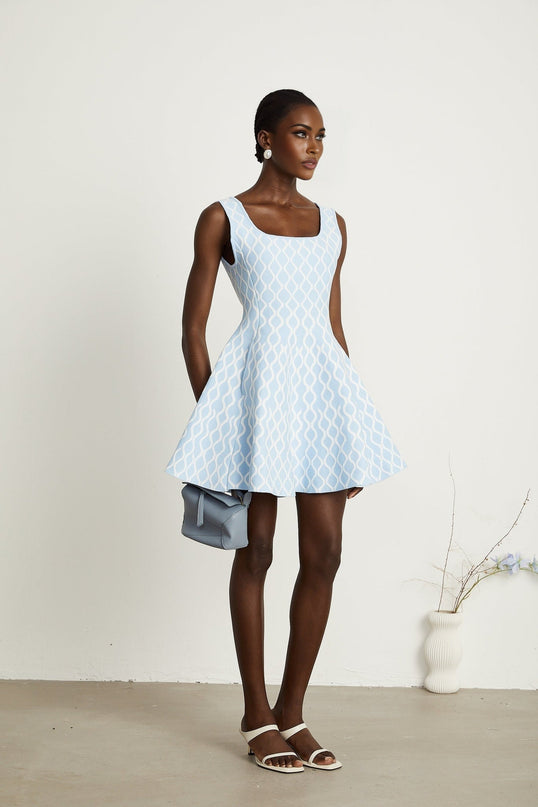 Selena Mini Dress Blue White Jacquard Sleeveless Scoop Neck Wide Shoulder Straps Fitted Waistline Flared Hem Polyester Polyamide Elastane