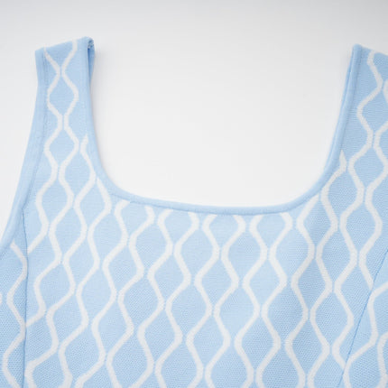 Selena Mini Dress Blue White Jacquard Sleeveless Scoop Neck Wide Shoulder Straps Fitted Waistline Flared Hem Slip-On Style Polyester Polyamide Elastane Modern Femininity Timeless Allure
