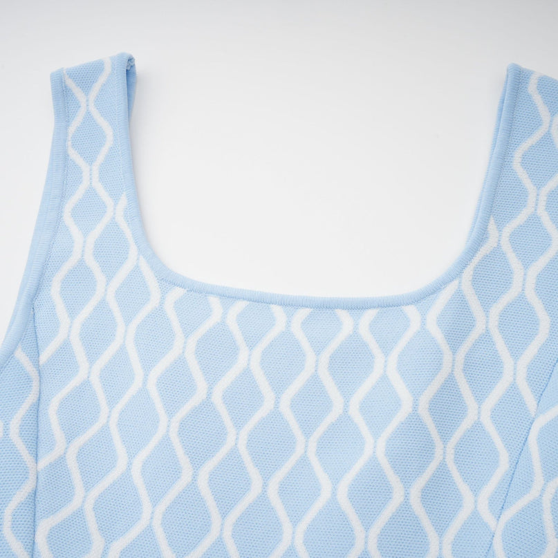 Selena Mini Dress Blue White Jacquard Sleeveless Scoop Neck Wide Shoulder Straps Fitted Waistline Flared Hem Slip-On Style Polyester Polyamide Elastane Modern Femininity Timeless Allure