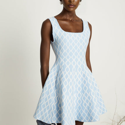 Selena Mini Dress Blue White Jacquard Sleeveless Scoop Neck Patterned Jacquard Fabric Wide Shoulder Straps Fitted Waistline Flared Hem Slip-On Style Polyester Polyamide Elastane Modern Femininity Timeless Allure