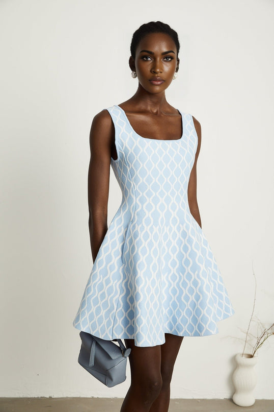 Selena Mini Dress Blue White Jacquard Sleeveless Scoop Neck Patterned Jacquard Fabric Wide Shoulder Straps Fitted Waistline Flared Hem Slip-On Style Polyester Polyamide Elastane Modern Femininity Timeless Allure