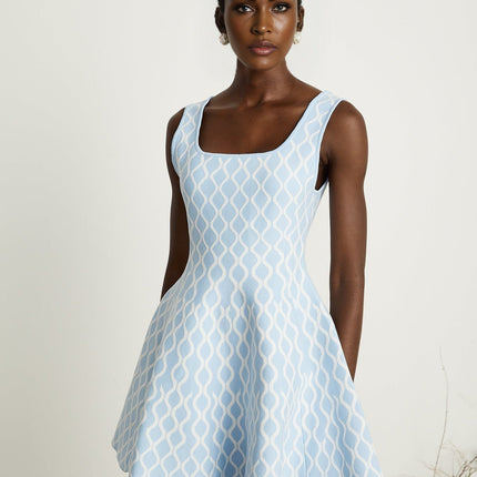 Selena Mini Dress Blue White Jacquard Sleeveless Scoop Neck Patterned Jacquard Fabric Wide Shoulder Straps Fitted Waistline Flared Hem Slip-On Style 82 Polyester 15 Polyamide 3 Elastane Modern Femininity Timeless Allure