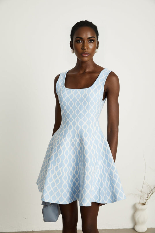 Selena Mini Dress Blue White Jacquard Sleeveless Scoop Neck Patterned Jacquard Fabric Wide Shoulder Straps Fitted Waistline Flared Hem Slip-On Style 82 Polyester 15 Polyamide 3 Elastane Modern Femininity Timeless Allure