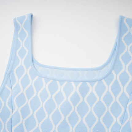 Selena Mini Dress Blue White Jacquard Sleeveless Scoop Neck Wide Shoulder Straps Fitted Waistline Flared Hem Polyester Polyamide Elastane Elegant Chic Slip-On Style