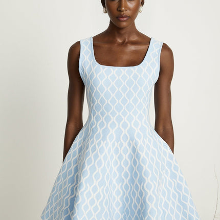 Selena Mini Dress Blue White Jacquard Sleeveless Scoop Neck Wide Shoulder Straps Fitted Waistline Flared Hem Polyester Polyamide Elastane