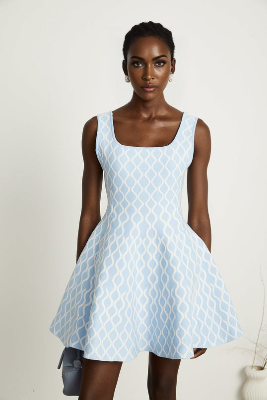 Selena Mini Dress Blue White Jacquard Sleeveless Scoop Neck Wide Shoulder Straps Fitted Waistline Flared Hem Polyester Polyamide Elastane
