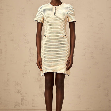 Selena Mini Dress Neutrals Crochet Knit Ruffled Trim Pockets Button Fastening Thigh Length Viscose Nylon Women's Fashion