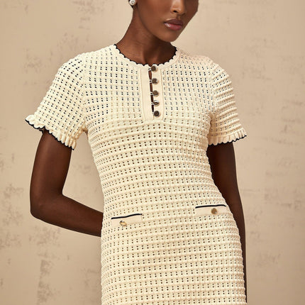 Selena Mini Dress in Neutrals crochet knit with ruffled trim and front button fastening