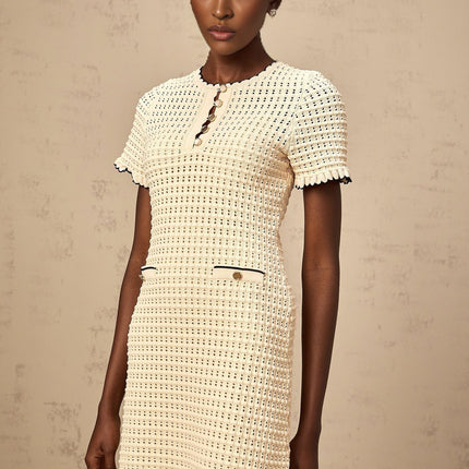 Selena Mini Dress in Neutrals crochet knit with ruffled trim and front button fastening