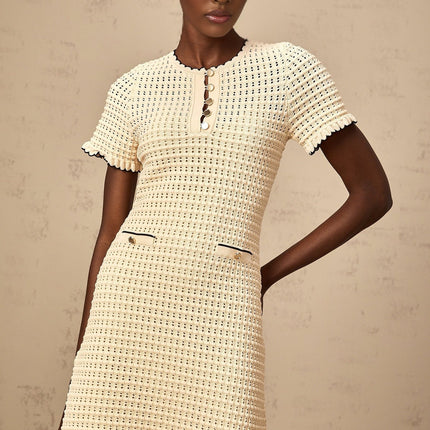 Selena Mini Dress Neutrals Crochet Knit Ruffled Trim Pockets Button Fastening Thigh Length Viscose Nylon