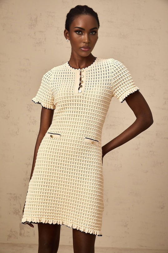Selena Mini Dress Neutrals Crochet Knit Ruffled Trim Pockets Button Fastening Thigh Length Viscose Nylon
