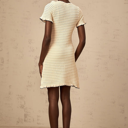 Selena Mini Dress Neutrals Crochet Knit Ruffled Trim Pockets Button Fastening Thigh Length Viscose Nylon