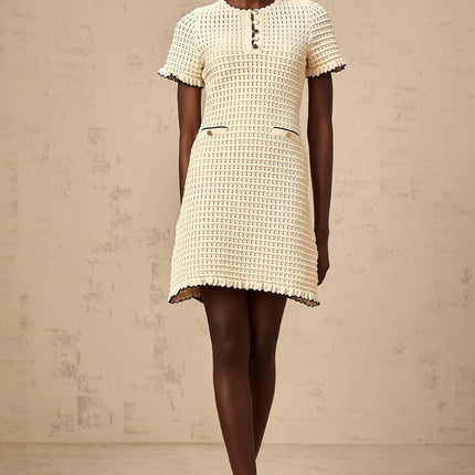 Selena Mini Dress Neutrals Crochet Knit Ruffled Trim Pockets Button Fastening Thigh Length Viscose Nylon Women's Fashion