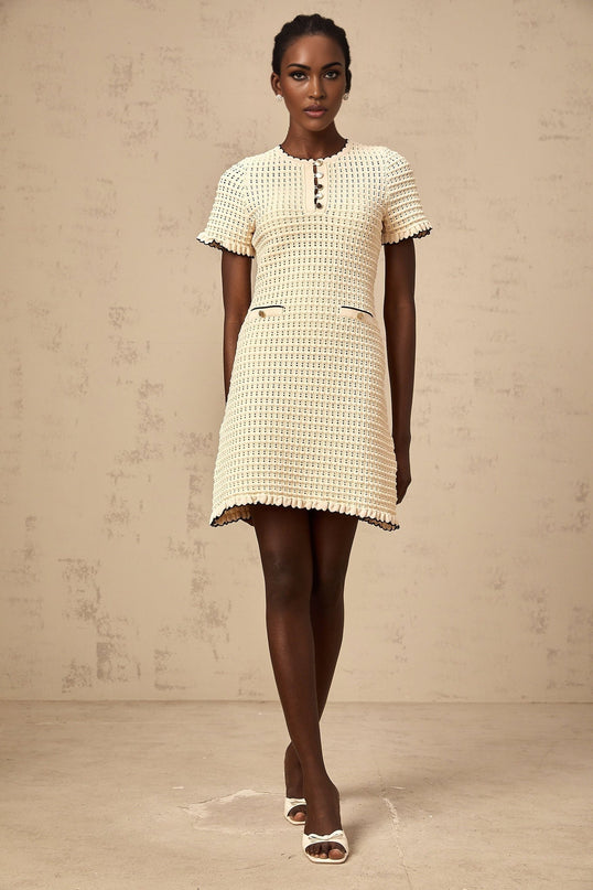 Selena Mini Dress Neutrals Crochet Knit Ruffled Trim Pockets Button Fastening Thigh Length Viscose Nylon Women's Fashion