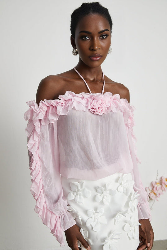 Selena Pink Floral Applique Halterneck Top