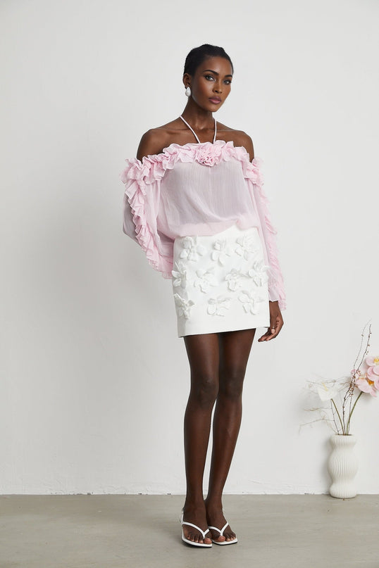 Selena Pink Floral Applique Halterneck Top
