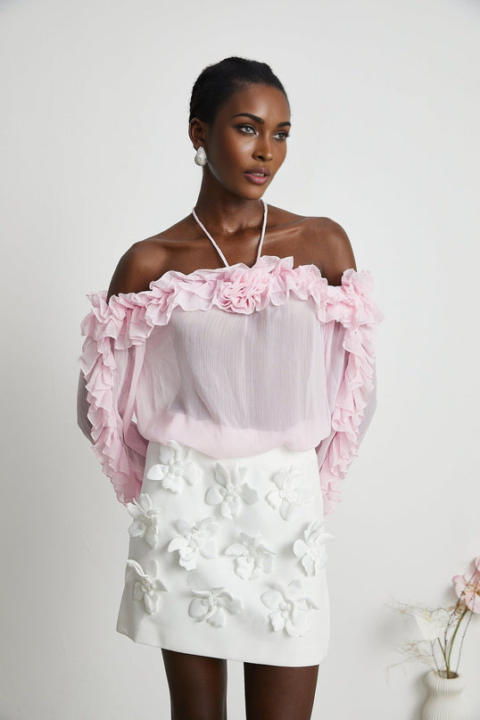 Selena Pink Floral Applique Halterneck Top