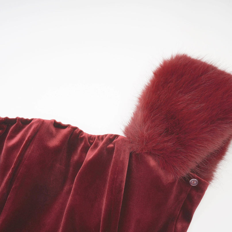 Selena Velvet Strapless Mini Dress in Red with Crystal Embellishments and Faux Fur Collar