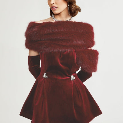 Selena Velvet Strapless Mini Dress in Deep Red with Crystal Embellishments and Faux Fur Collar