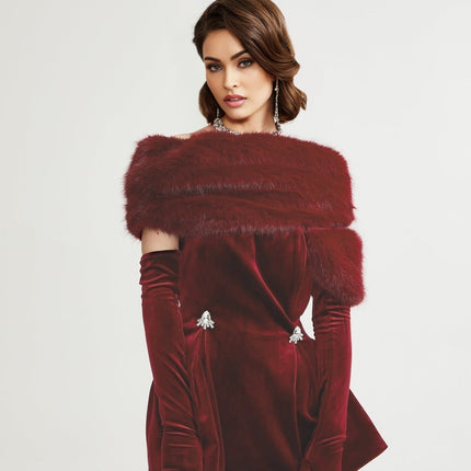 Selena Velvet Strapless Mini Dress in Deep Red with Crystal Embellishments and Faux Fur Collar