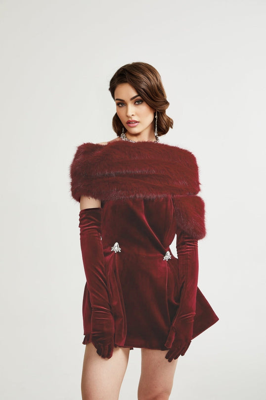 Selena Velvet Strapless Mini Dress in Deep Red with Crystal Embellishments and Faux Fur Collar