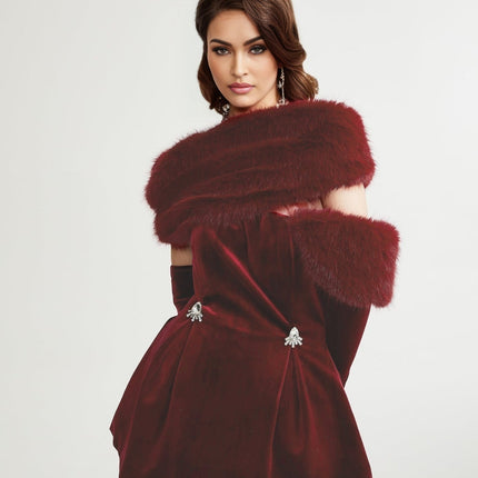 Selena Velvet Strapless Mini Dress in Red with Crystal Embellishments and Faux Fur Collar