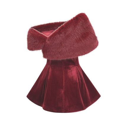 Selena Velvet Strapless Mini Dress in Red with Crystal Embellishments and Faux Fur Collar