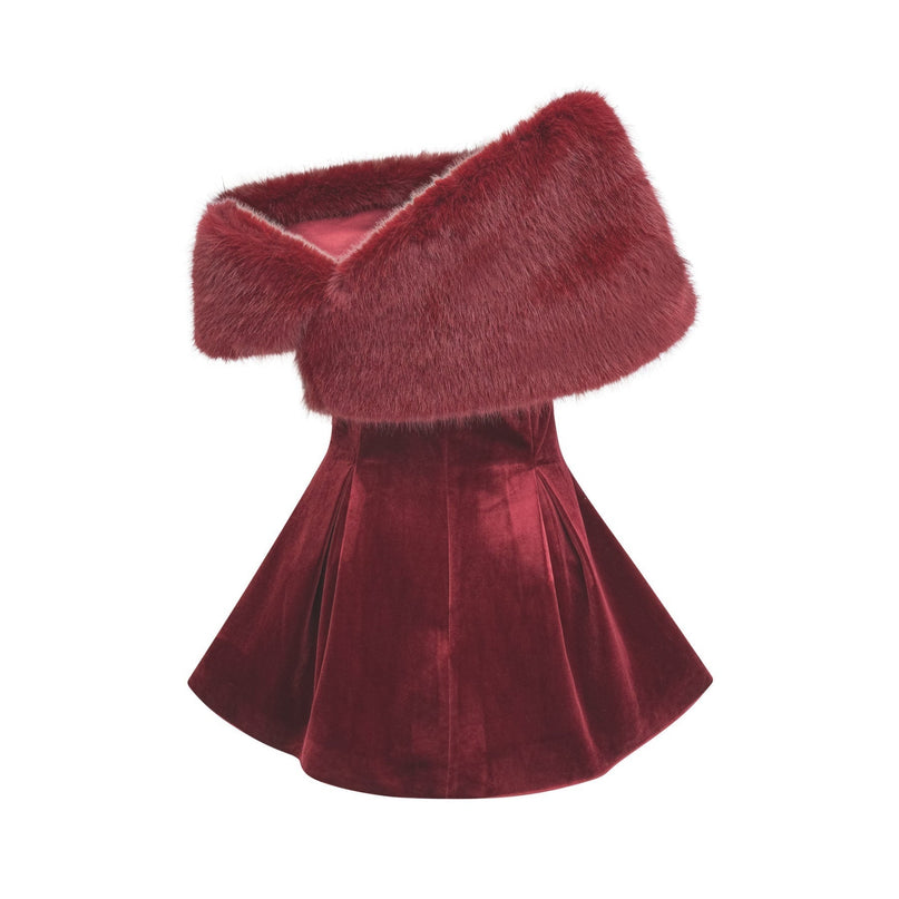 Selena Velvet Strapless Mini Dress in Red with Crystal Embellishments and Faux Fur Collar