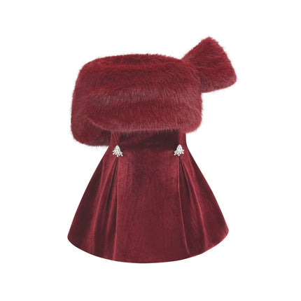 Selena Velvet Strapless Mini Dress in Red with crystal-inspired embellishments and faux fur collar