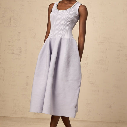 Serafina Lilac Purple Midi Dress with Crystal Embellishment and Ribbed Knit Texture