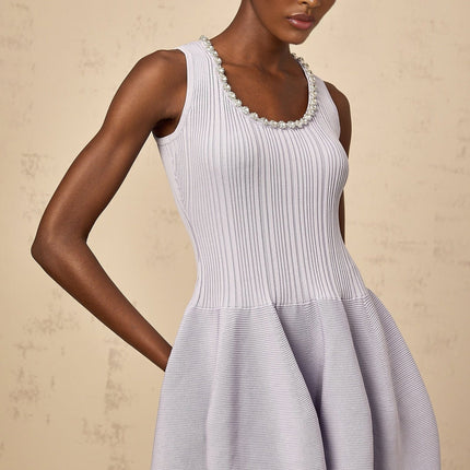 Serafina Lilac Purple Midi Dress with Crystal Embellishment and Ribbed Knit Texture