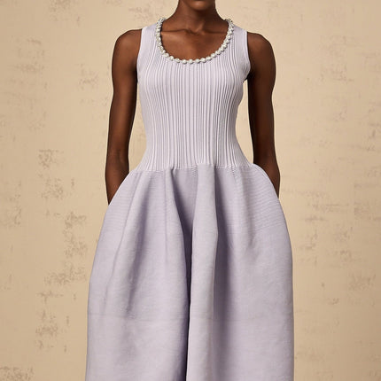 Serafina Lilac Purple Ribbed Knit Crystal Embellished Midi Dress