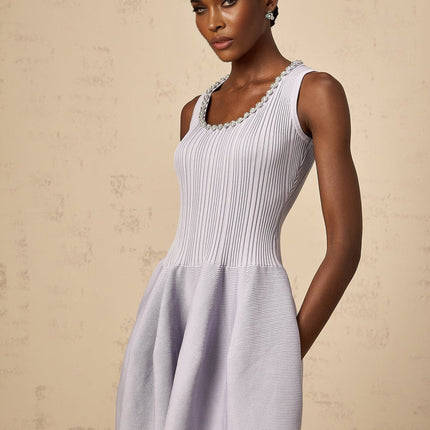 Serafina Lilac Purple Ribbed Knit Crystal Embellished Midi Dress