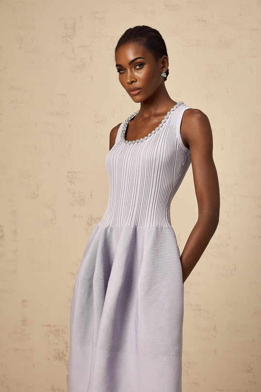 Serafina Lilac Purple Ribbed Knit Crystal Embellished Midi Dress